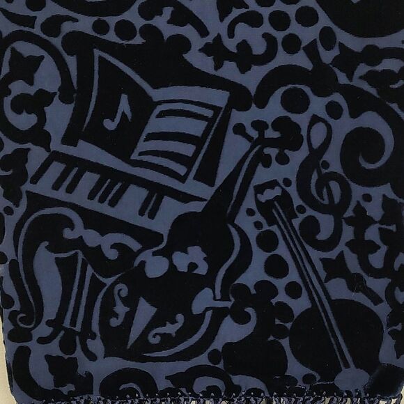 ZazouLuxe Silk Blend Navy Blue Sheer Velvet Flocked Music Inspired Fringed Scarf - Picture 2 of 8